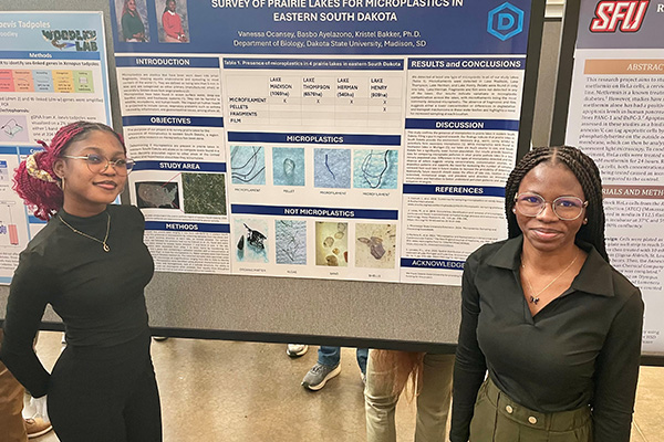 Vanessa Ocansey (left) and Basbo Ayelazono recently shared their microplastic research at the National Conference on Undergraduate Research in Pittsburgh.